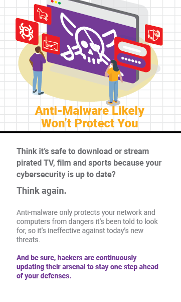 illustrated image of two adults in front of malware infected screen. Anti-malware programs likely will not protect against new threats.