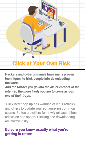 Illustrated man at desktop with malware warning signs. Click at your own risk and be sure you know what you're getting in return.