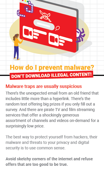 Illustrated woman in front of large screen with malware. To prevent malware, don't download illegal content.