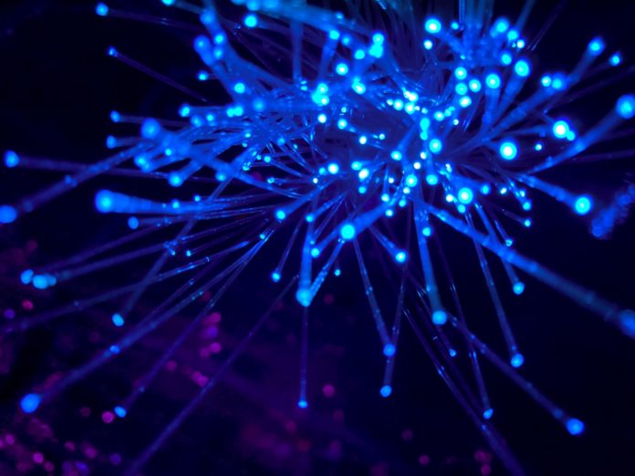 Blue fiber-optic cables lit from within