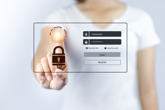 Depiction of two-factor authentication requiring a username and password along with a biometric fingerprint scan.