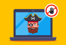 Illustration of a pirate on a laptop screen depicting digital piracy