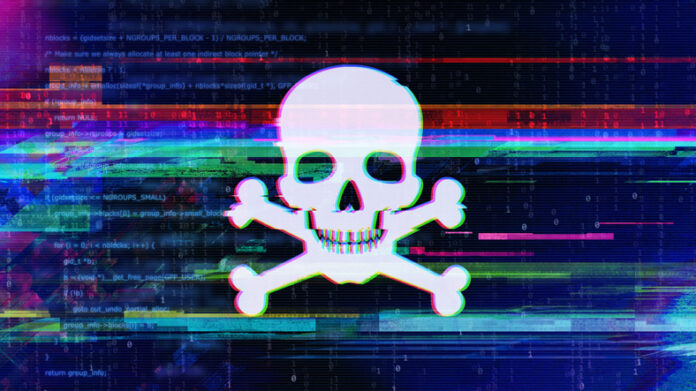 A white skull and crossbones over the top of a glitchy background design.