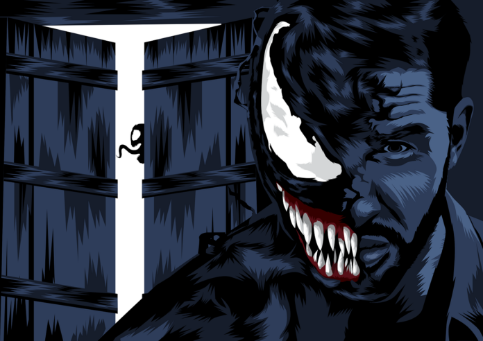 Venom, a popular Marvel superhero character, depicted in a comic version with a dark and intense pose with sharp teeth and a menacing expression