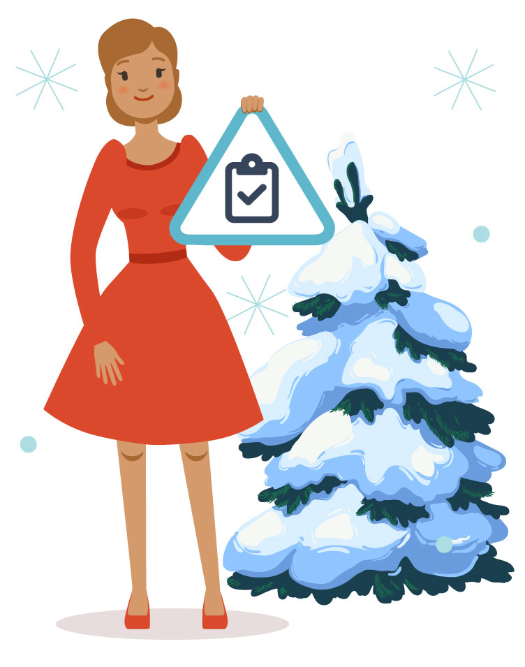 Holiday_Checklist Woman in red dress cartoon graphic with checklist sign and winter trees and snowflakes