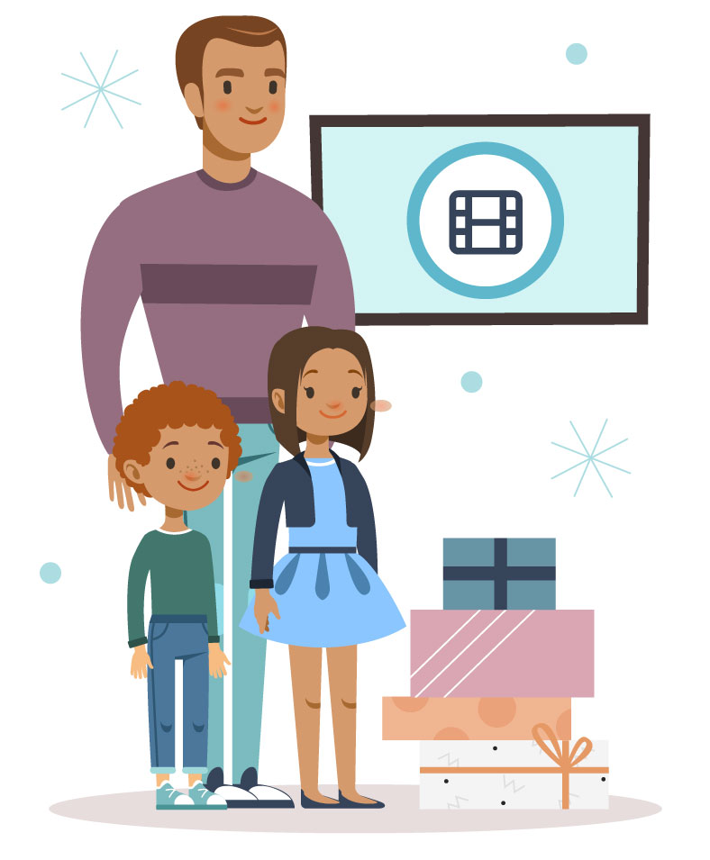 Holiday_Movies Father and children cartoon graphic with television movies, gifts, and winter snowflakes