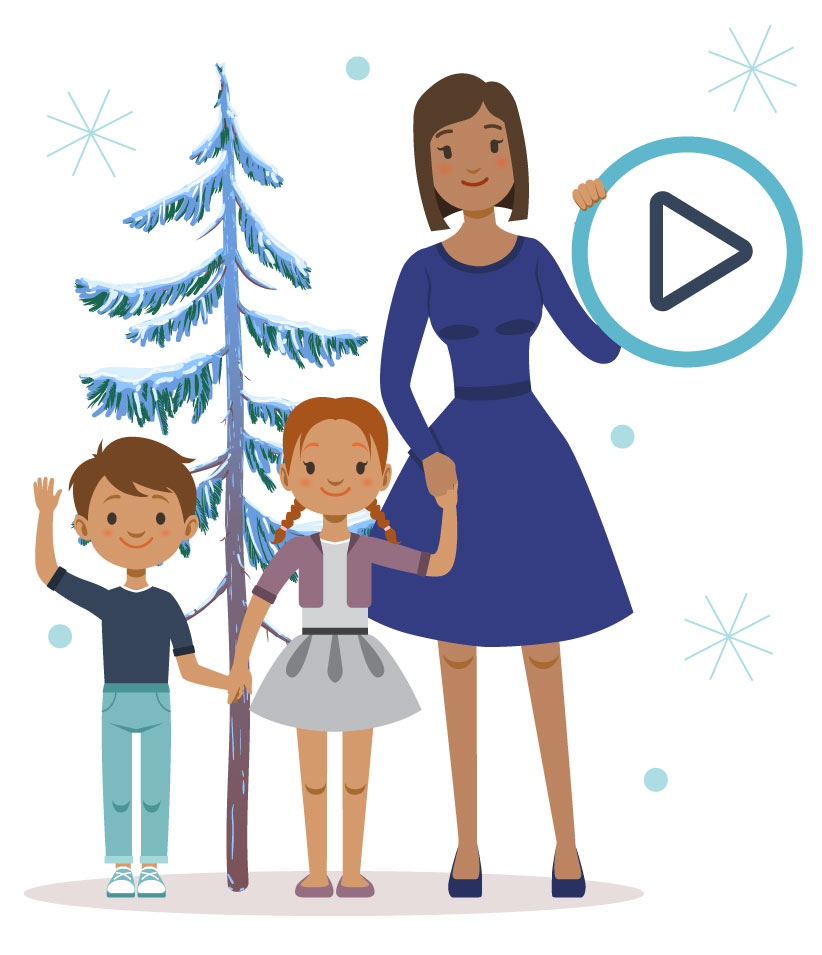 Holiday_Top-25 Mother and children cartoon graphic with video play symbol and winter tree and snowflakes