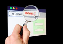 How to Check If a Website Is Legitimate: Simple Ways to Verify Online Safety A hand holds a magnifying glass over the location bar of a browser, revealing the URL is a "scam".