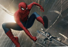 Upcoming Movies: Spider-Man: Brand New Day (2026) spider man swinging in the city with sunset in the background