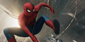 Upcoming Movies: Spider-Man: Brand New Day (2026) spider man swinging in the city with sunset in the background